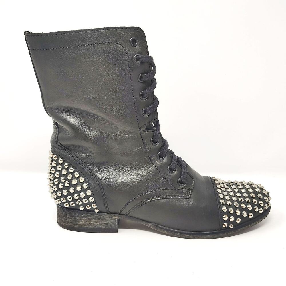 Steve Madden Womens 10 Shoes Tarnney Boots Studded Zip Lace Up Combat Moto Black - Picture 2 of 10